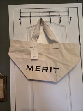 Merit Beauty Cream Canvas Tote Bag - Large Weekend Carryall NWT